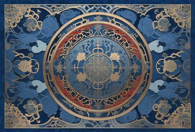 The primary subject of the image is a decorative, ornate design on a blue and red background. The design features a circular pattern with a centerpiece, possibly a flower or a decorative element. The setting appears to be a wall or a floor, with the design possibly being part of a larger artwork or a decorative piece. The visual style of the image is a combination of digital art and illustration, creating a unique and intricate pattern. The colors and mood of the image are vibrant and lively, with the blue and red hues adding a sense of depth and richness to the design.