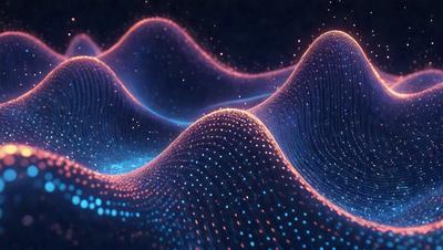 The primary subject of the image is a series of blue and purple waves, which are part of a digital art or illustration. The setting is a dark background, and the visual style is a combination of digital art and illustration. The dominant colors are blue and purple, creating a calming and serene atmosphere.