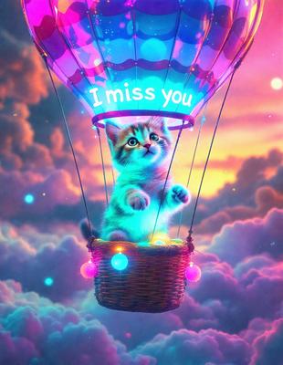 The primary subject of the image is a cat sitting in a basket that is suspended in the air. The setting is a colorful, cloudy sky, which adds a whimsical and playful atmosphere to the scene. The visual style is a digital art or illustration, creating a vibrant and imaginative scene. The dominant colors are pink, purple, and blue, which contribute to the overall mood of the image.