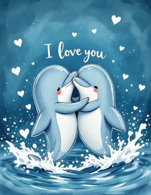 The image features two blue dolphins swimming together in the ocean. They are positioned close to each other, with one dolphin appearing to be kissing the other. The dolphins are surrounded by a few hearts, which adds a touch of love and affection to the scene. The overall atmosphere of the image is warm and inviting, with the dolphins being the main focus of the picture.