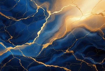 The primary subject of the image is a blue and gold painting of a cracked wall. The setting is a blue and gold background, which adds to the overall visual style. The painting appears to be a digital art or illustration, creating a unique and intricate design. The dominant colors in the painting are blue and gold, giving the image a rich and vibrant atmosphere.