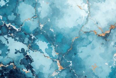 The primary subject of the image is a blue and white marble wall with a mosaic pattern. The setting is a room with a blue and white marble floor. The visual style is a combination of a photo and digital art, creating a unique and artistic representation of the marble wall. The dominant colors are blue and white, giving the scene a calm and serene atmosphere.