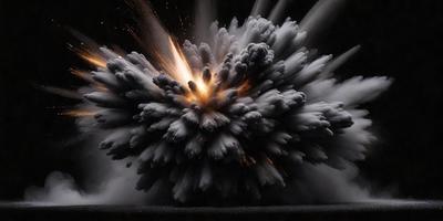 The primary subject of the image is a large, dark explosion with a bright center. The setting is a black background, which contrasts with the bright center of the explosion. The visual style is a combination of photo and digital art, creating a dramatic and intense scene. The colors are predominantly dark, with the bright center of the explosion standing out against the black background. The overall atmosphere is intense and dramatic, capturing the power and force of the explosion.