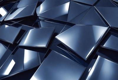 The primary subject of the image is a large number of shiny, metallic triangles. These triangles are arranged in various positions, creating a visually striking pattern. The setting is a dark background, which contrasts with the bright, reflective surfaces of the triangles. The visual style of the image is a combination of photo and digital art, as the triangles appear to be both real and artificial. The colors and mood of the image are predominantly silver and blue, giving it a sleek and modern appearance.