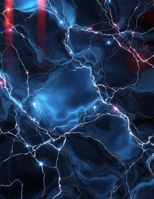 The primary subject of the image is a blue and white lightning bolt, which is the main object, scene, or focus of the image. The setting or background features a dark blue and black background, which creates a contrasting and dramatic atmosphere. The visual style of the image is digital art, as it appears to be a digital illustration or drawing. The colors and mood of the image are predominantly dark and dramatic, with the blue and white lightning bolt standing out against the dark background.