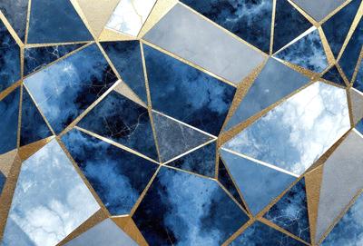 The primary subject of the image is a blue and gold mosaic tile pattern. The setting is a blue and gold marble surface, which serves as the background. The visual style is a combination of digital art and illustration, creating a unique and intricate design. The dominant colors are blue and gold, giving the image a rich and luxurious appearance.