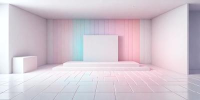The primary subject of the image is a white stage with a large white screen. The stage is set against a colorful backdrop, featuring a pink, blue, and purple striped wall. The visual style of the image is a combination of photo and digital art, creating a unique and eye-catching scene. The colors and mood of the image are vibrant and lively, with the white stage and screen contrasting against the vividly colored wall.