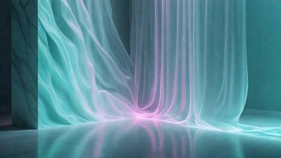 The primary subject of the image is a curtain, which is hanging in a room. The curtain is made of a combination of blue and pink fabric, creating a visually striking contrast. The setting is a room with a hardwood floor, and the visual style appears to be a photo. The colors and mood of the image are vibrant and lively, with the blue and pink curtains adding a touch of warmth and energy to the space.