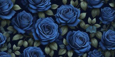 The primary subject of the image is a close-up of a blue rose. The setting is a dark blue background, which creates a striking contrast with the blue rose. The visual style is a digital art or illustration, showcasing the intricate details of the rose. The dominant colors are blue and green, giving the image a calm and serene atmosphere.