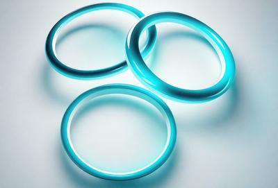 The primary subject of the image is a group of three blue rings. They are placed on a white background, which creates a contrast between the rings and the background. The visual style of the image is a close-up of the rings, showcasing their vibrant blue color. The overall atmosphere of the image is bright and colorful, with the blue rings standing out against the white background.