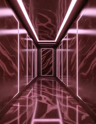 The primary subject of the image is a hallway with a marble floor. The setting is a dark room with a pink glow, creating a moody atmosphere. The visual style is a combination of photo and digital art, giving the image a unique and artistic appearance. The colors and mood are dominated by the pink glow, which adds a sense of warmth and intrigue to the scene.