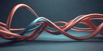 The primary subject of the image is a blue and red twisted wire, which is the main focus of the image. The setting is a blue background, and the visual style is a close-up of the twisted wire. The colors and mood of the image are predominantly blue and red, creating a vibrant and dynamic atmosphere.