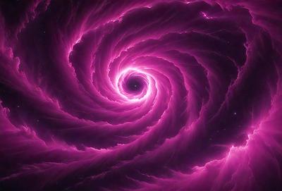 The primary subject of the image is a large, swirling, pink spiral. The spiral is the main object, scene, or focus of the image. The setting or background of the image is a dark, purple space. The visual style of the image is digital art, as it appears to be a digital illustration or drawing. The dominant colors in the image are pink and purple, creating a vibrant and lively atmosphere.