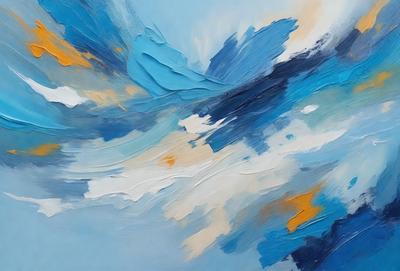 The primary subject of the image is a painting of a blue sky with clouds. The setting is a blue background, and the visual style appears to be a digital art or illustration. The dominant colors in the painting are blue and white, creating a serene and calming atmosphere.
