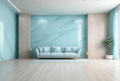 The primary subject of the image is a large, white couch with blue pillows, placed in a living room. The setting is a modern, clean, and well-lit space, featuring a blue marble wall and a wooden floor. The visual style is a realistic, high-quality photo of the living room. The colors and mood of the image are predominantly white and blue, creating a calm and inviting atmosphere.