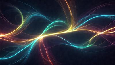 The primary subject of the image is a vibrant, colorful, and abstract artwork featuring a swirling, flowing design. The setting is a dark background, which contrasts with the bright colors of the artwork. The visual style is a combination of digital art and illustration, creating a dynamic and eye-catching piece. The dominant colors are blue, yellow, and orange, which evoke a sense of energy and movement. Overall, the image conveys a lively and spirited atmosphere.