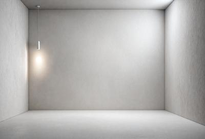 The primary subject of the image is a single light bulb hanging from the ceiling. The light bulb is located in the upper left corner of the image. The setting is a large, empty room with a white wall. The visual style is a black and white photo, giving the image a classic and timeless appearance. The colors and mood of the image are predominantly neutral, with the light bulb being the only source of illumination in the otherwise dark and empty space.
