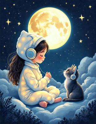 The primary subject of the image is a young girl sitting on a cloud, wearing a white outfit and headphones. She is accompanied by a cat, which is also sitting on the cloud. The setting is a night sky, with a moon visible in the background. The visual style is a digital art illustration, creating a whimsical and imaginative atmosphere. The dominant colors are white and blue, with the night sky providing a contrasting backdrop.