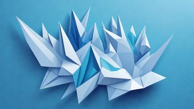 The primary subject of the image is a large, three-dimensional paper sculpture of a mountain. The sculpture is blue and white in color, and it is placed on a blue surface. The visual style of the image is a combination of digital art and illustration, creating a unique and intricate design. The overall atmosphere of the image is one of creativity and artistic expression.