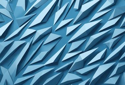 The primary subject of the image is a blue wall with a pattern of triangles. The setting is a room with a blue background, and the visual style appears to be a digital art or illustration. The dominant colors are blue and white, creating a calm and soothing atmosphere.