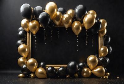 The primary subject of the image is a gold frame with a black background. The frame is filled with a variety of gold and black balloons, creating a visually appealing and festive display. The balloons are arranged in different shapes and sizes, adding a sense of depth and dimension to the frame. The overall atmosphere of the image is celebratory and joyful, with the gold and black balloons creating a striking contrast against the black background.