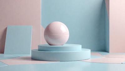 The primary subject of the image is a pink sphere, which is placed on a blue surface. The setting appears to be a room with a wall in the background. The visual style of the image is a photo, and the dominant colors are pink and blue, creating a calm and serene atmosphere.