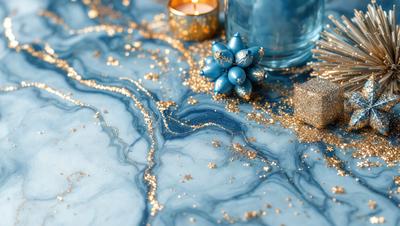 The primary subject of the image is a blue marble table with a gold star decoration on it. The setting is a table with a blue marble surface, and the visual style is a photo. The colors and mood of the image are predominantly blue and gold, creating a warm and inviting atmosphere.