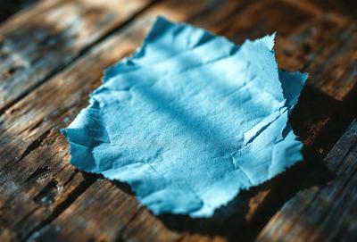 The primary subject of the image is a piece of blue paper, which is placed on a wooden table. The setting is an indoor environment, with the wooden table serving as the background. The visual style of the image is a photo, capturing the details of the blue paper and the wooden surface. The dominant colors in the image are blue and brown, creating a calm and natural atmosphere.