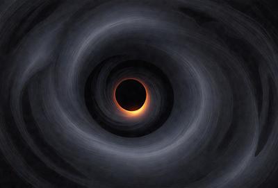 The primary subject of the image is a black hole, which is the main object, scene, or focus of the image. The setting/background features a swirling, circular pattern, which adds to the visual style of the image. The colors and mood of the image are dark and mysterious, with the black hole being the dominant color and creating an overall atmosphere of mystery and intrigue.