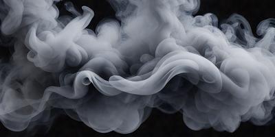 The primary subject of the image is a large, swirling cloud of smoke. The setting is a dark background, which contrasts with the smoke, making it the focal point of the image. The visual style is a black and white photo, giving the image a classic and timeless appearance. The colors and mood of the image are predominantly dark and moody, with the smoke creating a dramatic and mysterious atmosphere.