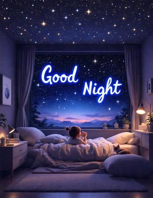 The primary subject of the image is a young girl lying in bed, looking up at the night sky. The setting is a bedroom with a window, and the visual style is a digital art illustration. The colors and mood of the image are serene and peaceful, with the girl enjoying a quiet moment under the stars.