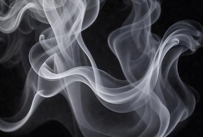 The primary subject of the image is a large, swirling cloud of smoke. The setting is a dark background, which contrasts with the smoke, making it the focal point of the image. The visual style is a black and white photo, which adds a dramatic and timeless quality to the scene. The colors and mood of the image are predominantly dark and moody, with the smoke creating a sense of mystery and intrigue.