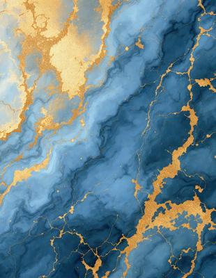 The primary subject of the image is a blue and gold marbled wall. The setting is a room with a blue and gold marbled wall, which serves as the background. The visual style is a combination of a photo and digital art, creating a unique and intricate design. The dominant colors are blue and gold, giving the wall a rich and luxurious appearance.