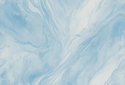 The primary subject of the image is a blue and white marbled wallpaper. The setting is a bathroom, as indicated by the presence of a sink. The visual style is a close-up of the wallpaper, showcasing its intricate design. The dominant colors are blue and white, creating a calming and soothing atmosphere.