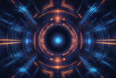 The primary subject of the image is a large, circular, blue and orange structure with a blue background. The setting appears to be a futuristic environment, possibly a space station or a high-tech facility. The visual style of the image is a combination of digital art and illustration, creating a unique and captivating scene. The dominant colors in the image are blue and orange, which contribute to the futuristic and vibrant atmosphere.