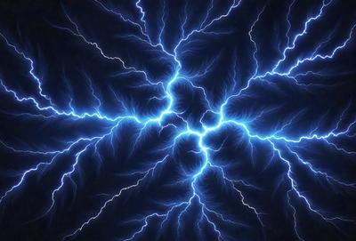 The primary subject of the image is a bright blue lightning bolt, which is the main focus of the scene. The lightning bolt is surrounded by a dark background, creating a dramatic contrast. The visual style of the image is a close-up of the lightning bolt, emphasizing its striking appearance. The colors and mood of the image are predominantly blue, with the lightning bolt being the most prominent and eye-catching element.