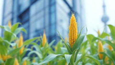 The primary subject of the image is a tall, yellow corn plant with green leaves. The plant is growing in a field, surrounded by other corn plants. The setting is an outdoor environment with a blue sky in the background. The visual style of the image is a photo, capturing the natural beauty of the corn plant. The dominant colors in the image are yellow and green, creating a vibrant and lively atmosphere.