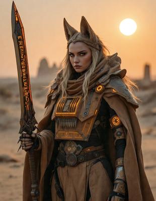 The primary subject of the image is a woman dressed in a costume, holding a sword. She is standing in a desert-like environment, with a rocky background. The visual style of the image is a combination of photo and digital art, creating a unique and intriguing scene. The colors in the image are predominantly earth tones, giving the scene a mood of mystery and adventure.