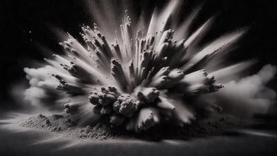 The primary subject of the image is a large, black, and white explosion, which appears to be a black and white photo. The setting is a dark background, and the visual style is a close-up of the explosion. The colors and mood of the image are predominantly black and white, creating a dramatic and intense atmosphere.