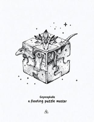 The primary subject of the image is a floating puzzle master, which is a drawing of a person or an animal inside a box. The setting is a white background, and the visual style is a combination of digital art and illustration. The drawing features a mix of colors, including black, white, and possibly other colors, creating a unique and intriguing atmosphere.