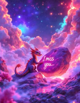 Primary subject: A dragon sitting on a rock.

Setting/background: The dragon is sitting on a rock in a pink and purple sky, with a cloudy background.

Visual style: The image is a digital art or illustration.

Colors and mood: The colors are predominantly pink and purple, creating a warm and whimsical atmosphere.