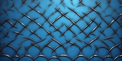 The primary subject of the image is a blue metal surface with a pattern of silver metal bars. The setting is a blue background, and the visual style appears to be a combination of a photo and digital art. The dominant colors are blue and silver, creating a calm and serene atmosphere.