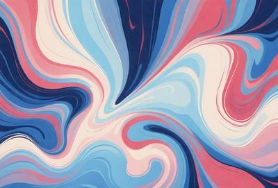 The primary subject of the image is a colorful, abstract painting featuring a mix of blue, pink, and white colors. The painting is displayed on a blue background, which adds to the overall visual style. The painting appears to be a digital art piece, showcasing a unique and creative design. The colors and mood of the painting evoke a sense of vibrancy and artistic expression.