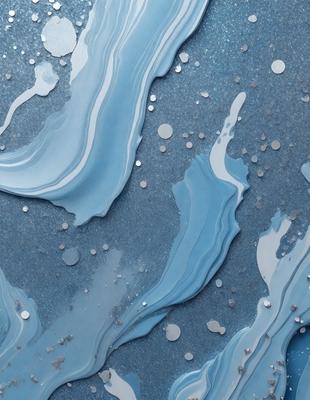 The primary subject of the image is a blue and white painting of a wave. The setting is a blue background, and the visual style appears to be a digital art or illustration. The dominant colors are blue and white, creating a calm and serene atmosphere.