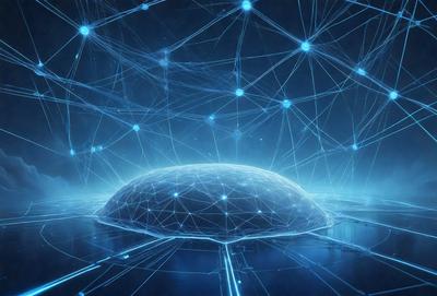 The primary subject of the image is a large, blue, three-dimensional structure, possibly a dome or a sphere, floating in a dark blue space. The setting appears to be a futuristic or digital environment, as the structure is surrounded by a network of blue lines and points. The visual style of the image is a combination of digital art and illustration, creating a unique and intriguing scene. The colors and mood of the image are predominantly dark and moody, with the blue hues of the structure and the space creating a sense of depth and mystery.