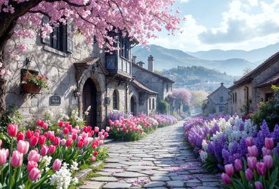 The primary subject of the image is a narrow alleyway lined with purple flowers, specifically tulips. The setting is a quaint village with old buildings and a mountainous background. The visual style is a digital art illustration, creating a vibrant and lively atmosphere. The dominant colors are purple and white, with the purple flowers standing out against the white and grey stone buildings.