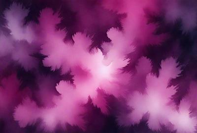 The primary subject of the image is a purple background with a pattern of white flowers. The setting is a dark, moody environment, which adds to the overall atmosphere. The visual style is a combination of digital art and illustration, creating a unique and artistic appearance. The dominant colors are purple and white, with the white flowers standing out against the purple background.
