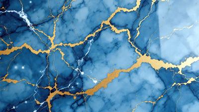 The primary subject of the image is a blue and gold marbled wall. The setting is a room with a blue and gold marbled wall, which serves as the background. The visual style is a photo, capturing the intricate details of the marbled wall. The dominant colors are blue and gold, creating a luxurious and elegant atmosphere.