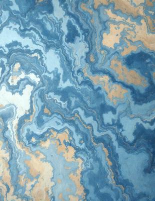 The primary subject of the image is a blue and white patterned wallpaper. The setting is a room with a blue and white color scheme. The visual style is a patterned wallpaper, which gives the room a unique and artistic appearance. The dominant colors are blue and white, creating a calm and soothing atmosphere in the room.