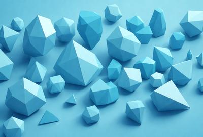 The primary subject of the image is a collection of blue geometric shapes, which are arranged in a visually appealing manner. The setting is a blue background, which provides a contrasting and complementary color to the shapes. The visual style of the image is a combination of digital art and illustration, as the shapes are created using a computer program or digital drawing tool. The dominant colors in the image are blue and white, giving the scene a calm and serene atmosphere.